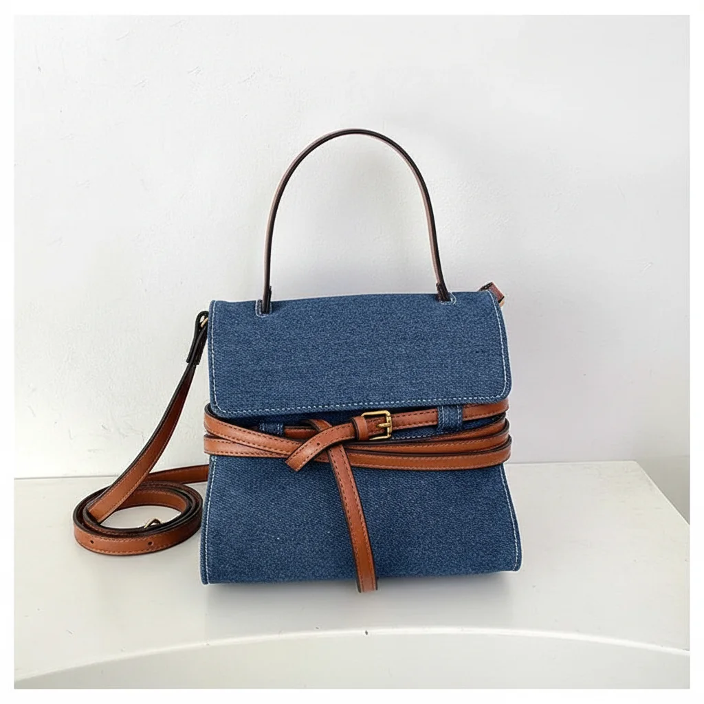 Sac jean bandoulière en denim et cuir - Vue 4 - sac jean