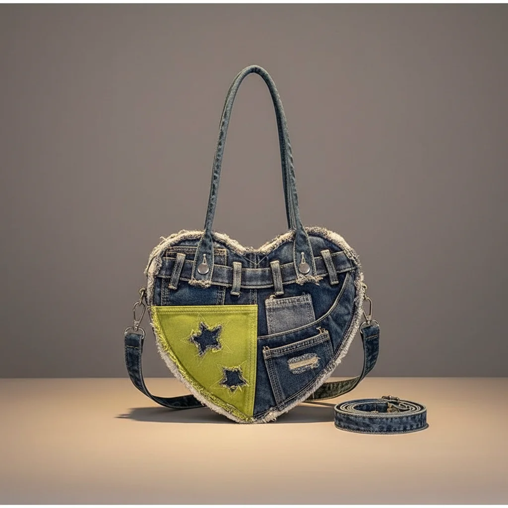 Sac jean cœur patchwork style y2k - Vue 2 - sac jean